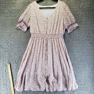 Indigo Rose Dress Women 2X Pink Floral Smocked Short Sleeve Rayon Midi